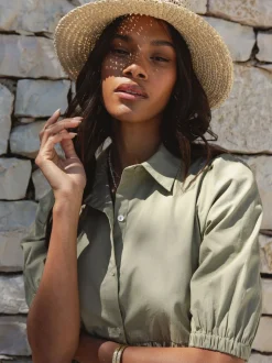 Threadbare Green 100% Cotton Short Sleeve Collared Broderie Maxi Shirt Dress