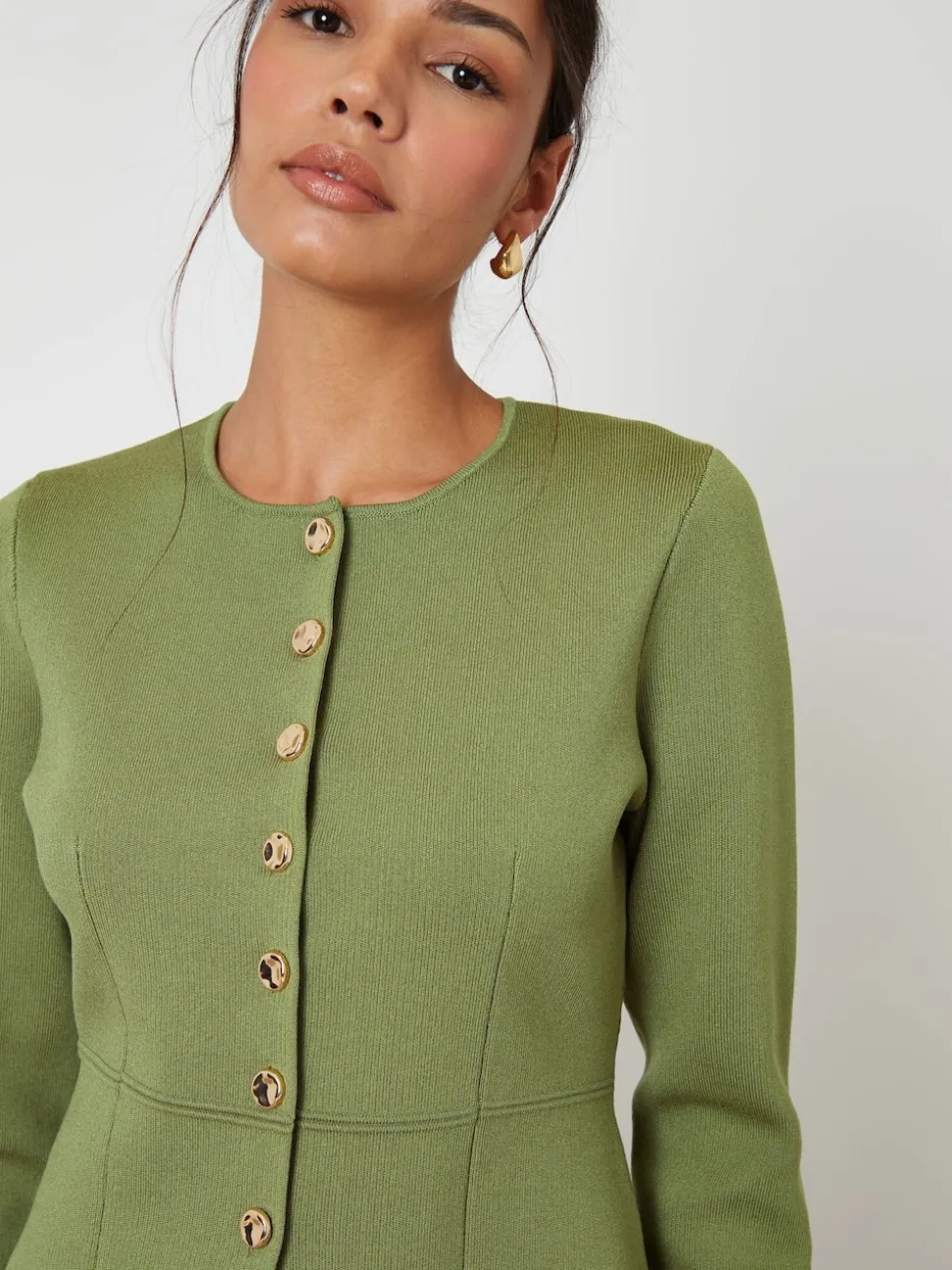 Threadbare Green Cinched Knitted Button Up Cardigan
