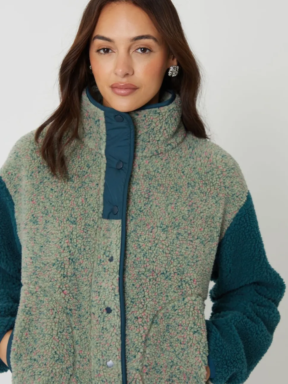 Threadbare Green Colourblock Snap Borg Fleece