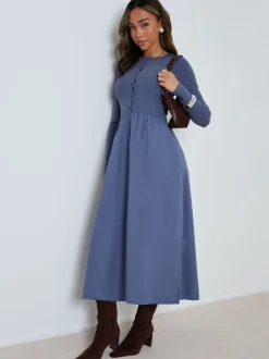 Threadbare Light Blue 2-in-1 Jersey Poplin Mix Button Down Dress