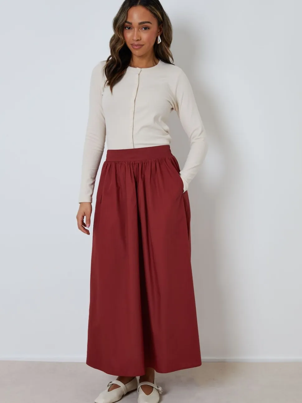 Threadbare Maroon Red Midi Skirt with Pockets