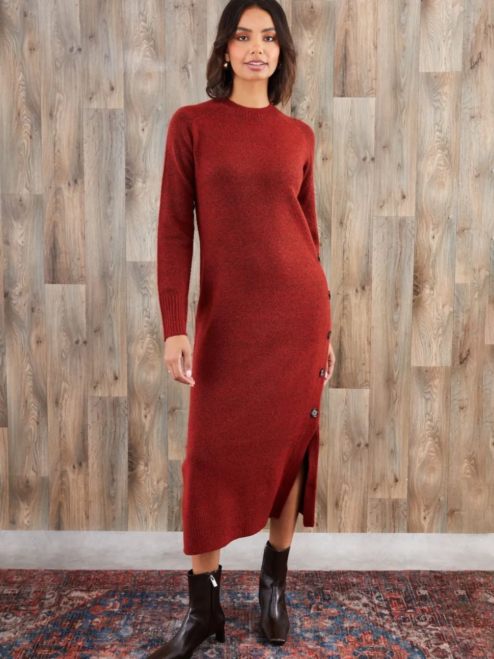 Threadbare Orange Knitted Side Button Detail Maxi Dress