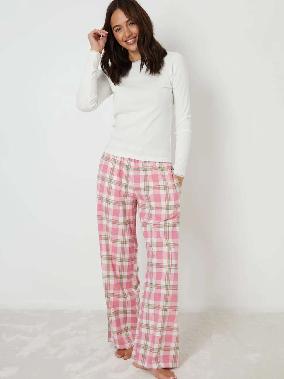 Threadbare Pink Crew Neck Long Sleeve Check Pyjamas Set