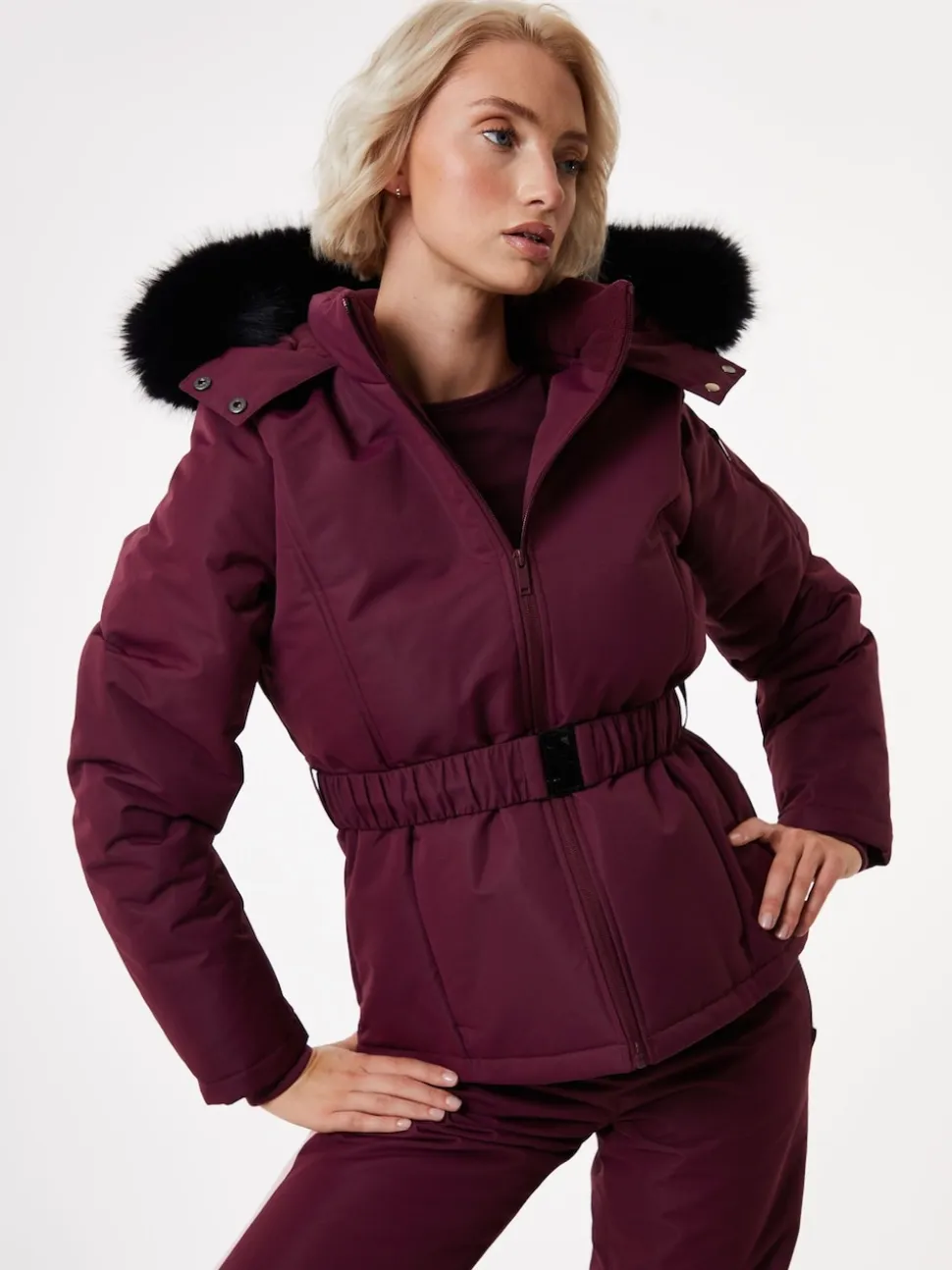 Threadbare Red Belted Padded Ski Jacket