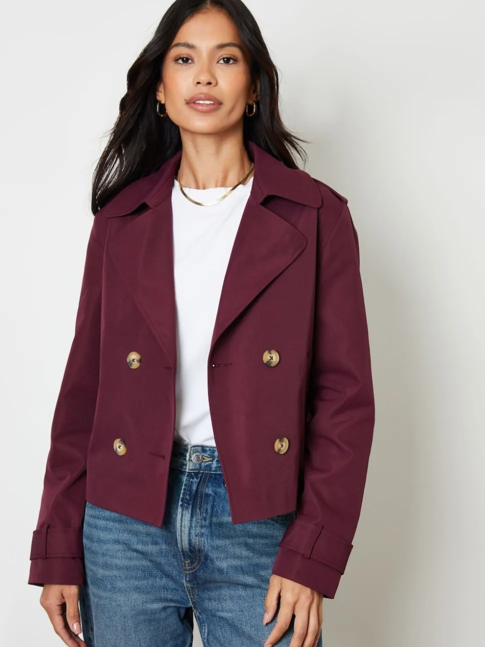 Threadbare Red Double Breasted Cropped Trench Jacket