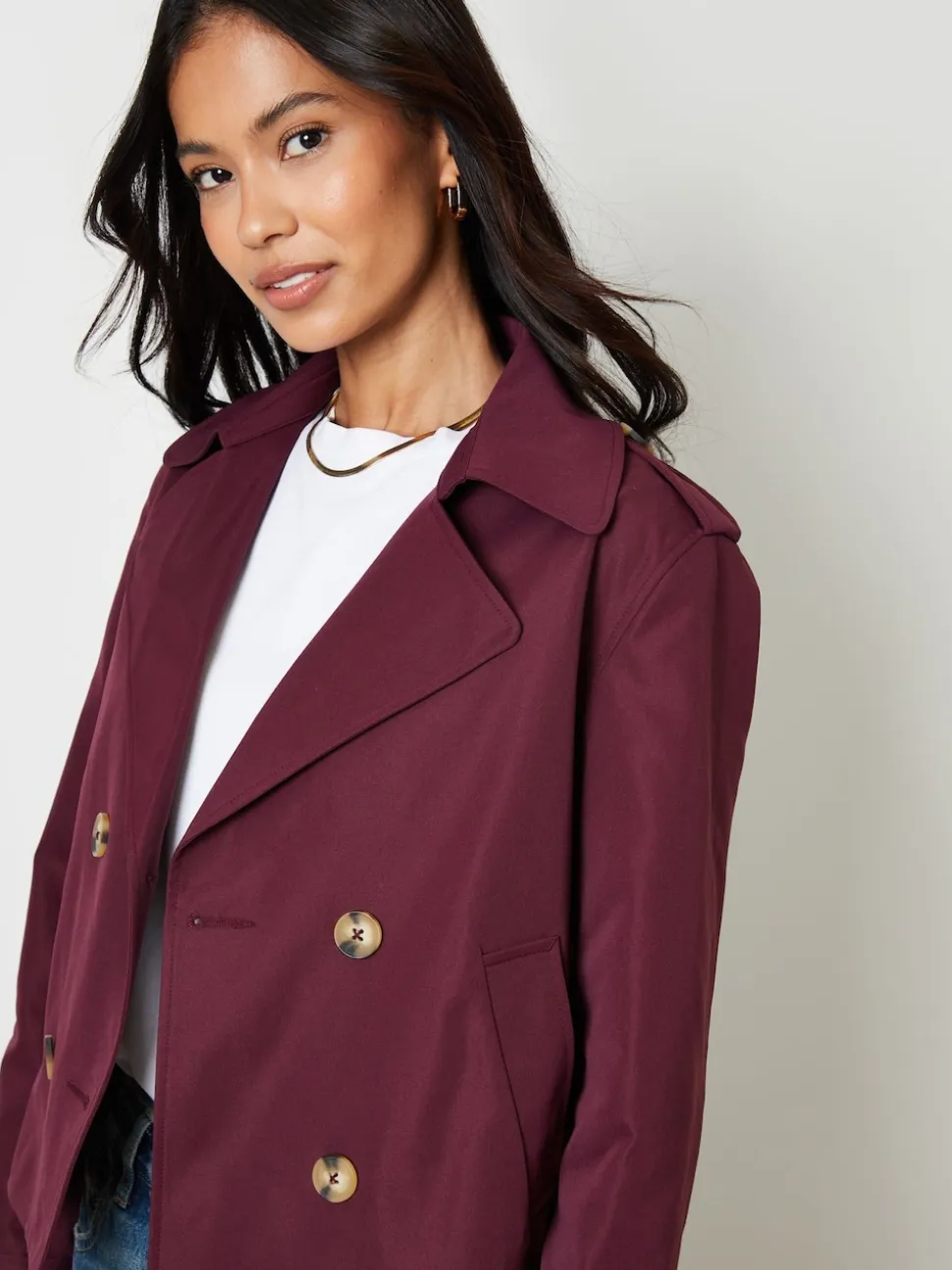 Threadbare Red Double Breasted Cropped Trench Jacket