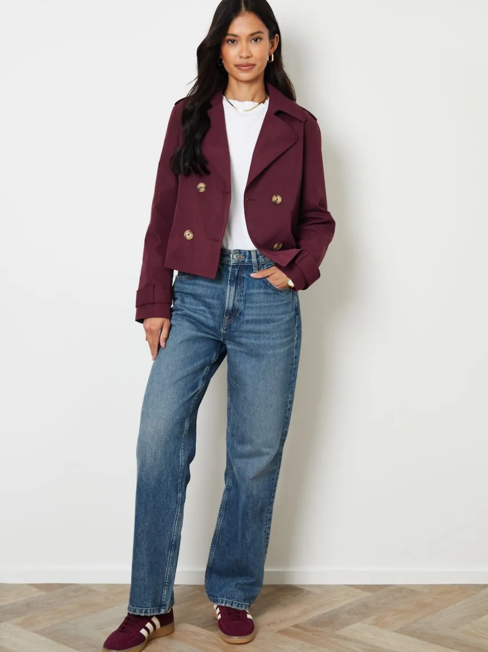 Threadbare Red Double Breasted Cropped Trench Jacket