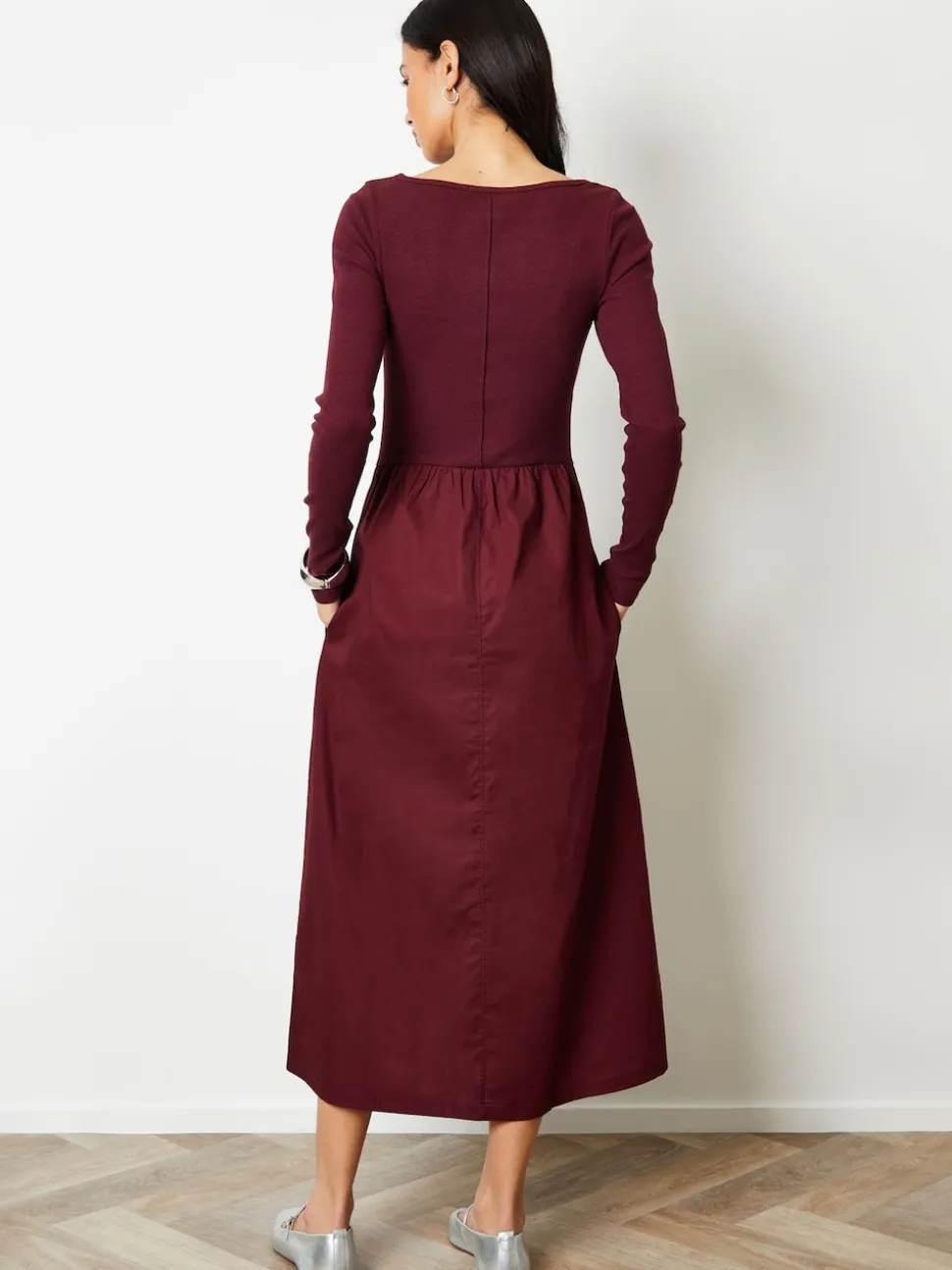 Threadbare Red 2-in-1 Jersey Poplin Mix Slash Neck Long Sleeve Dress