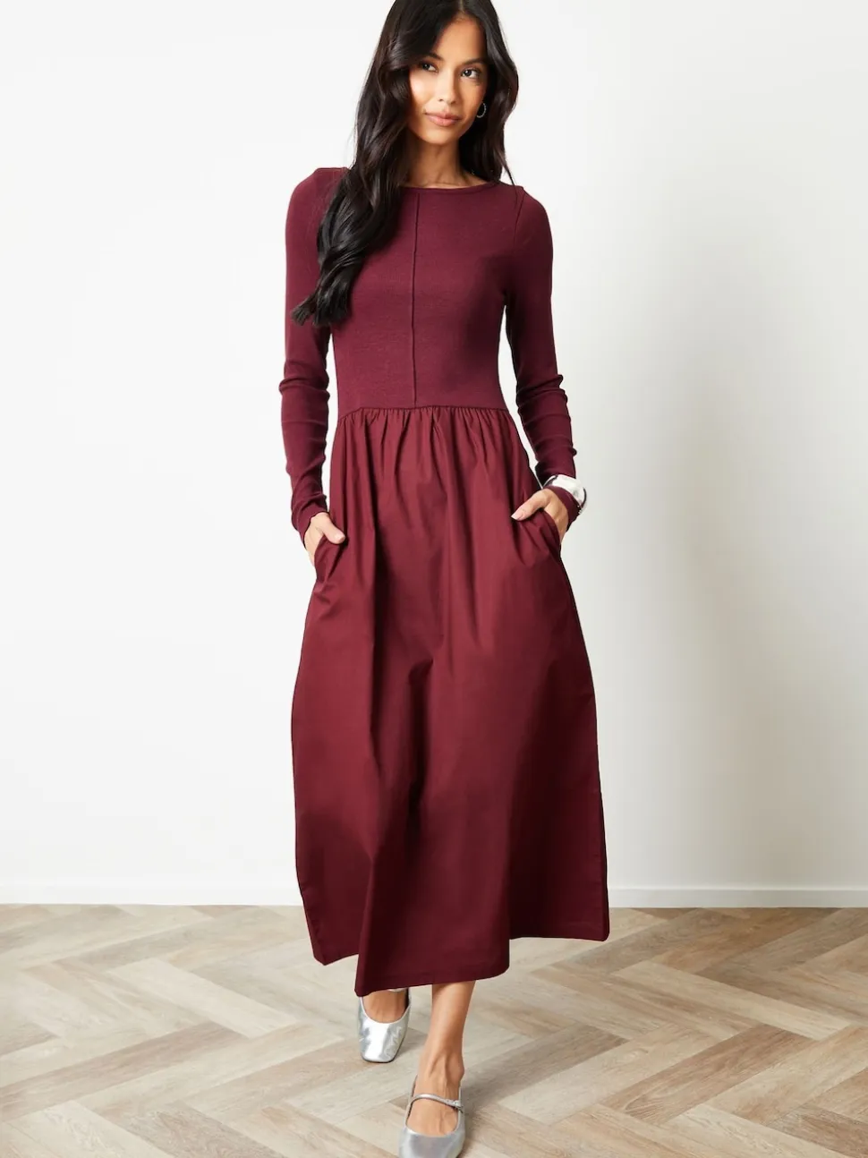 Threadbare Red 2-in-1 Jersey Poplin Mix Slash Neck Long Sleeve Dress