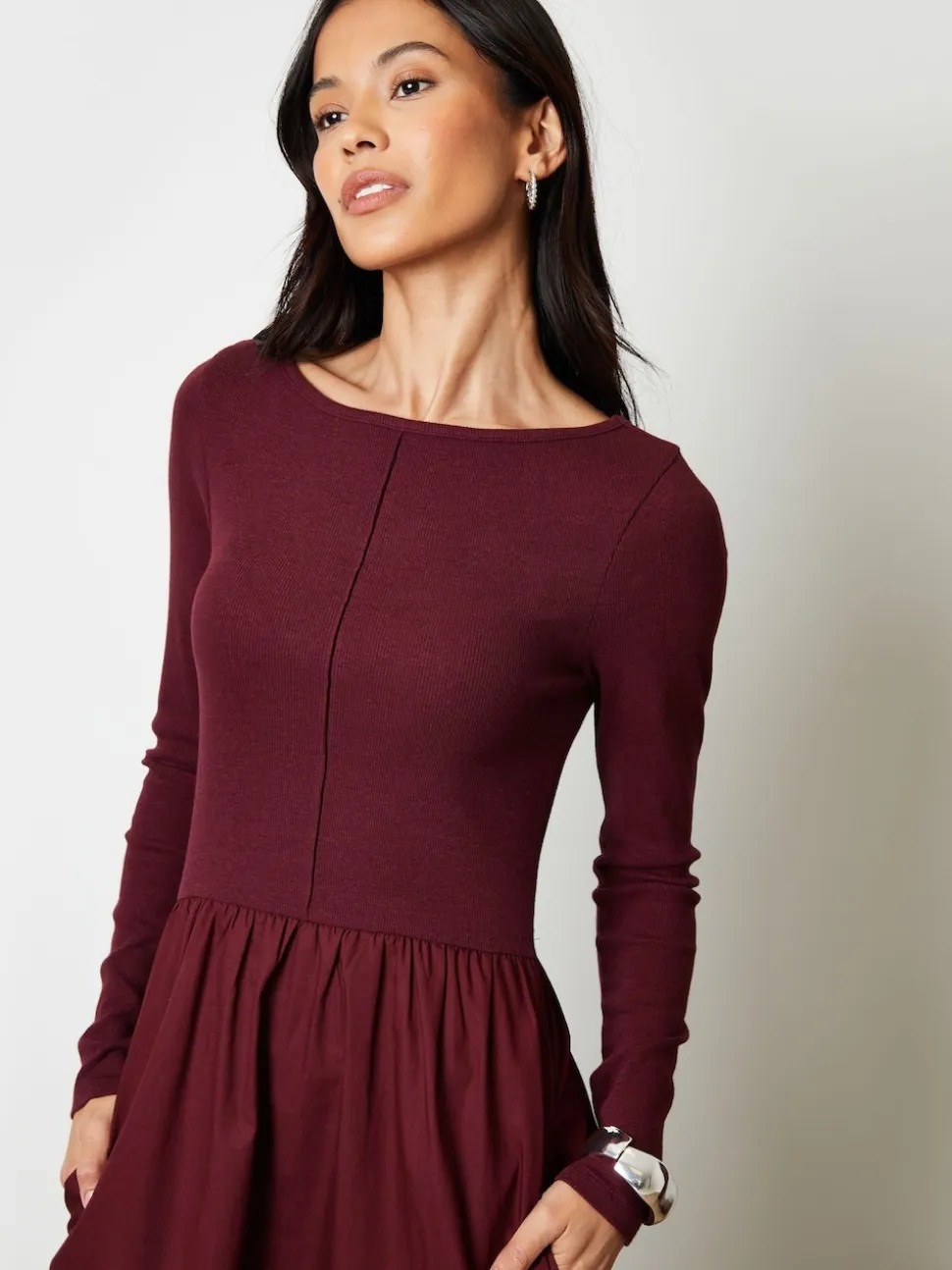 Threadbare Red 2-in-1 Jersey Poplin Mix Slash Neck Long Sleeve Dress