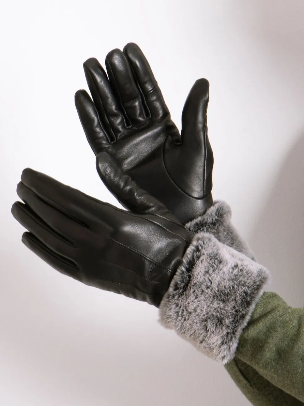 Totes Black Isotoner Ladies Leather Gloves with Faux Fur Cuff