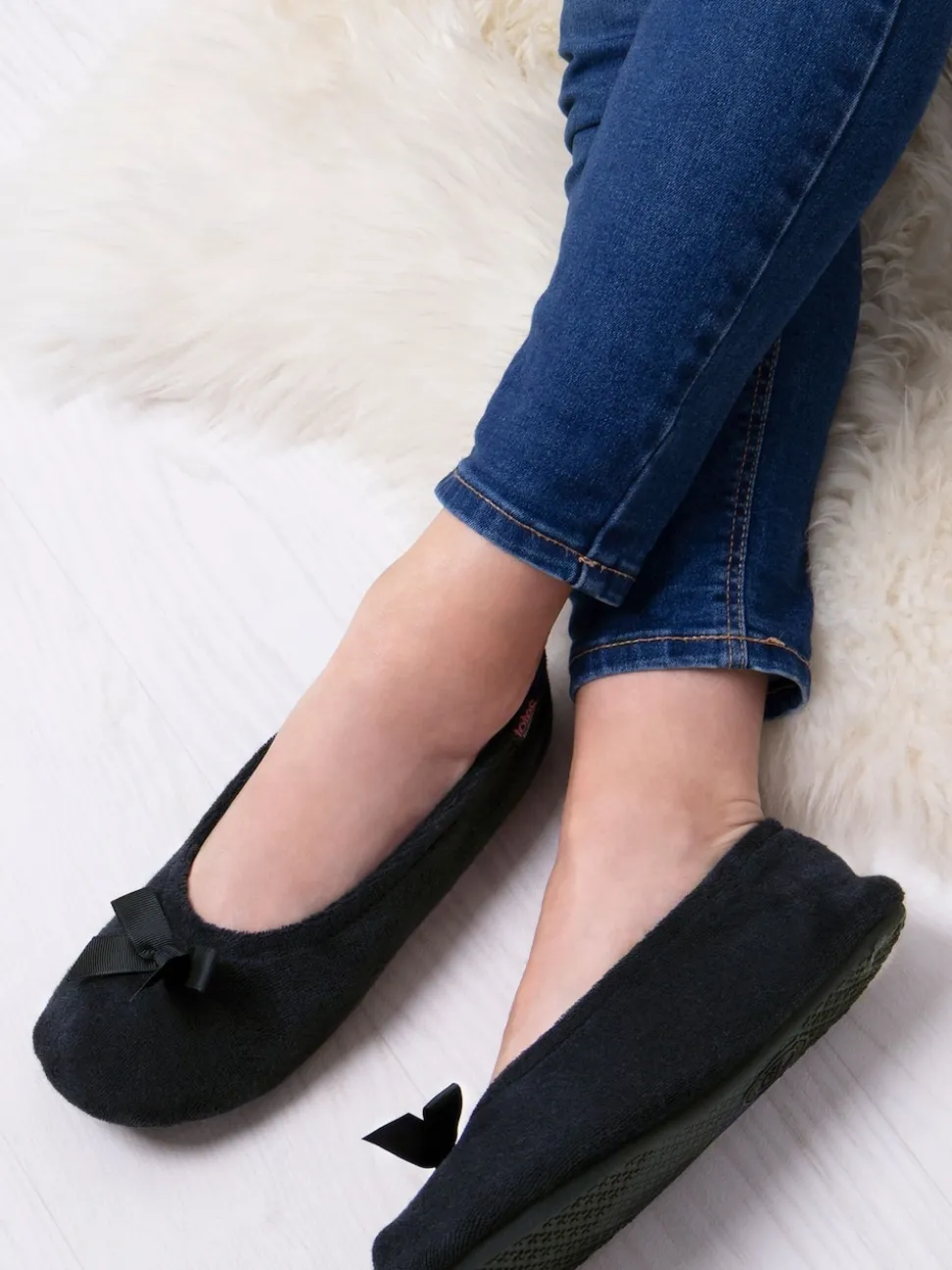 Totes Black Isotoner Terry Ballet Slippers With Bow