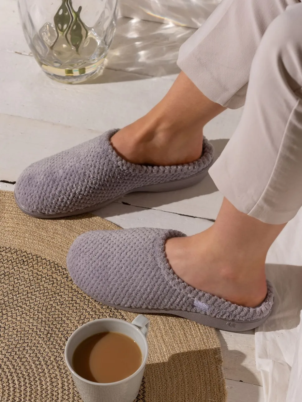 Totes Grey Isotoner Popcorn Terry Mules Slippers
