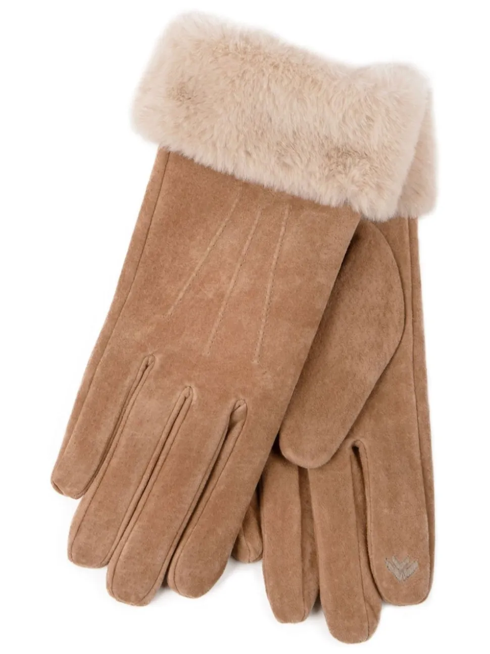Totes Nude Isotoner Winter Three Point Suede Ladies Gloves with Faux Fur Cuff
