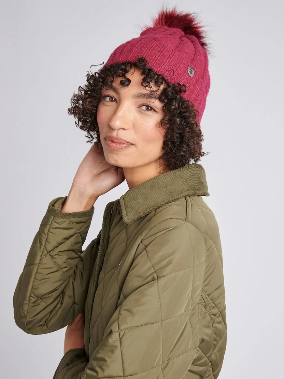 U.S. Polo Assn. Pink Twist Cable Fur Bobble Knit Beanie