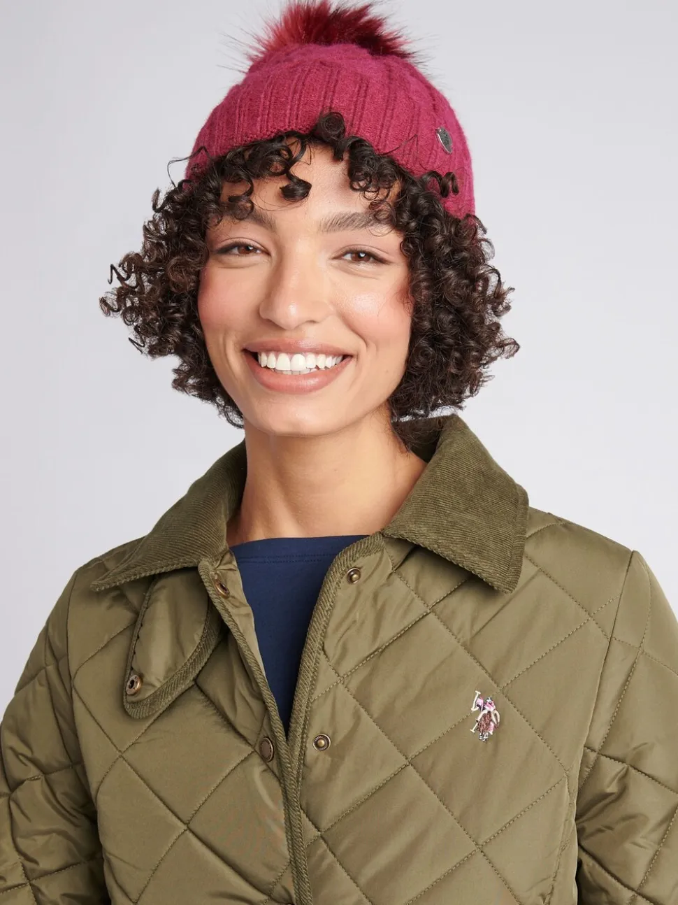 U.S. Polo Assn. Pink Twist Cable Fur Bobble Knit Beanie