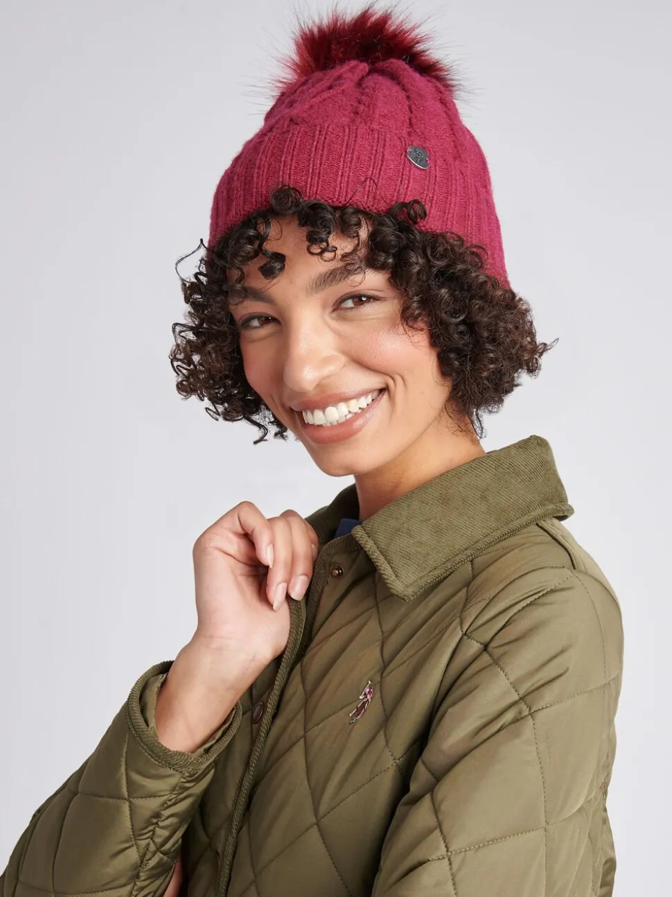 U.S. Polo Assn. Pink Twist Cable Fur Bobble Knit Beanie