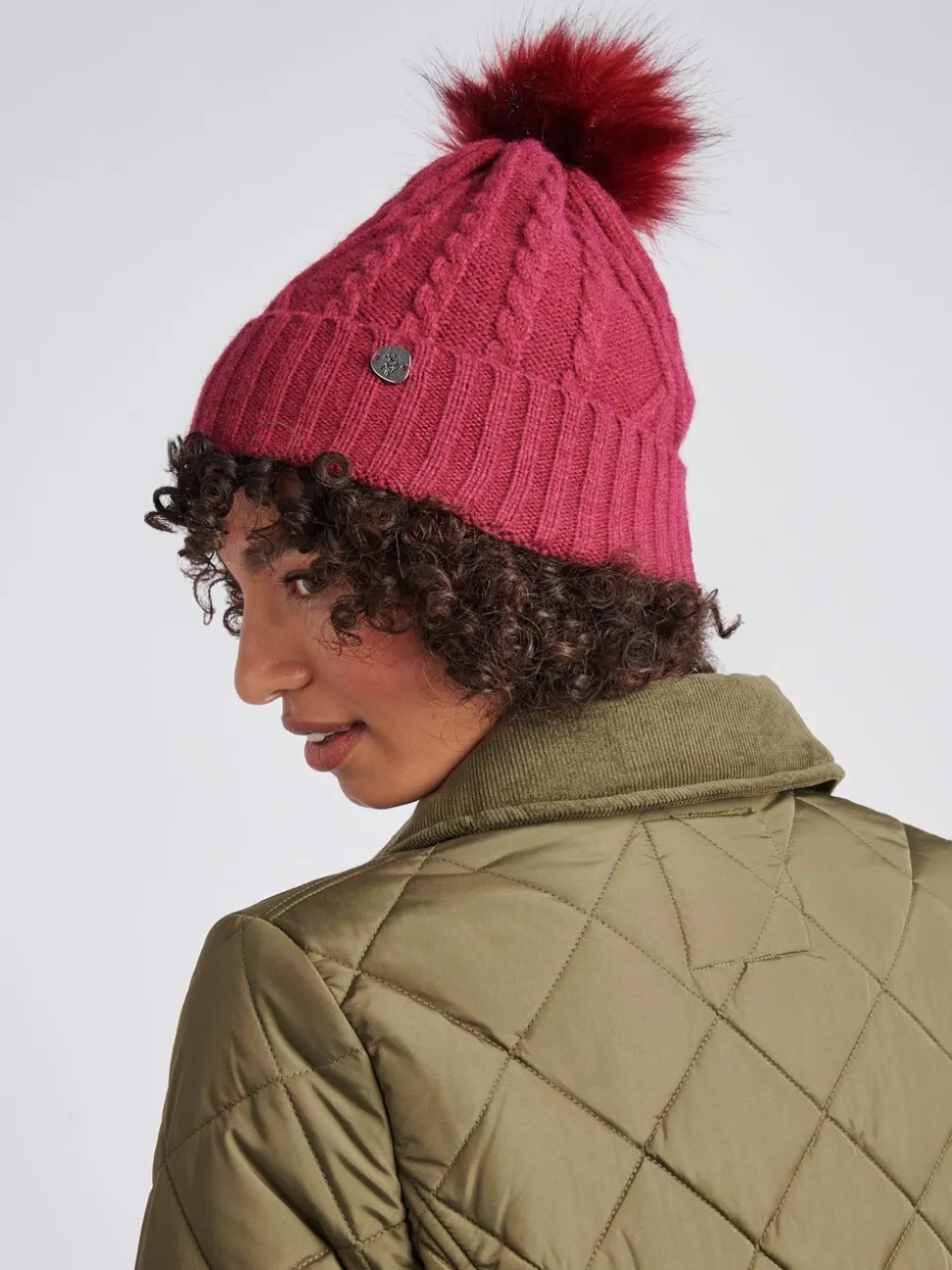 U.S. Polo Assn. Pink Twist Cable Fur Bobble Knit Beanie