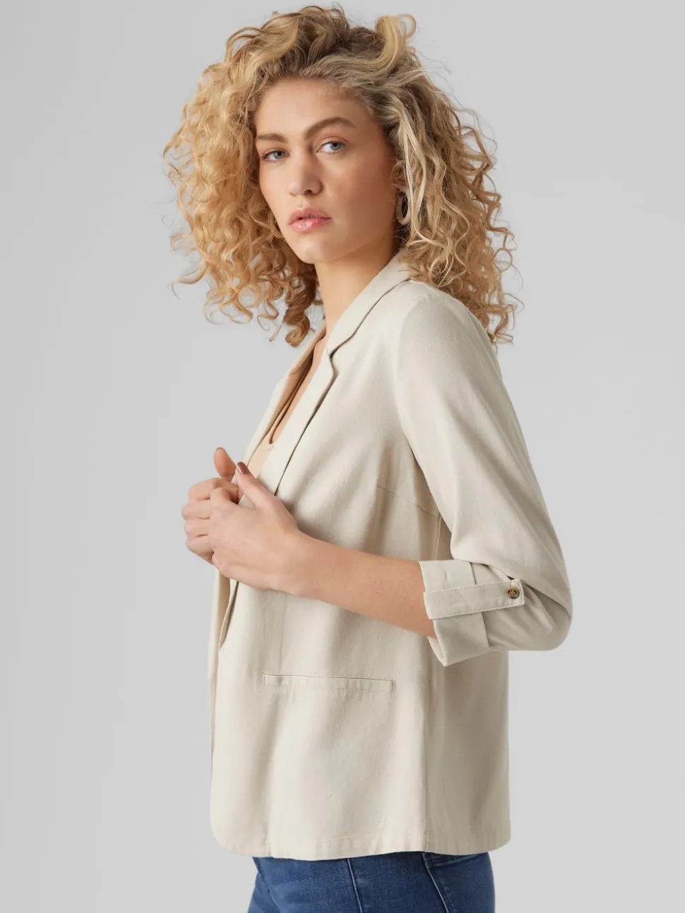 VERO MODA Beige Linen Blend 3/4 Sleeve Jacket
