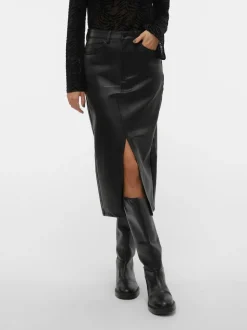 VERO MODA Black Faux Leather Midi Skirt