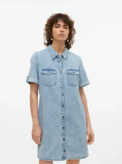 VERO MODA Blue Chrome Short Sleeve Button Down Denim Dress