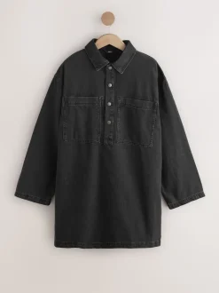 Washed Black Mini Long Sleeve Utility Denim Dress