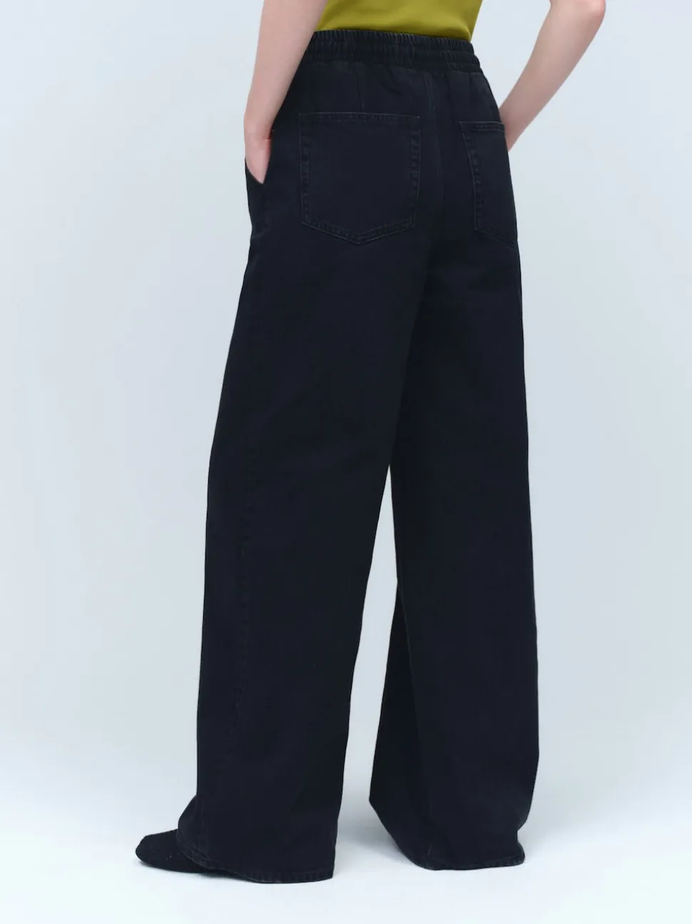Washed Black Pintuck Wide Leg Denim Joggers