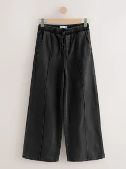 Washed Black Pintuck Wide Leg Denim Joggers