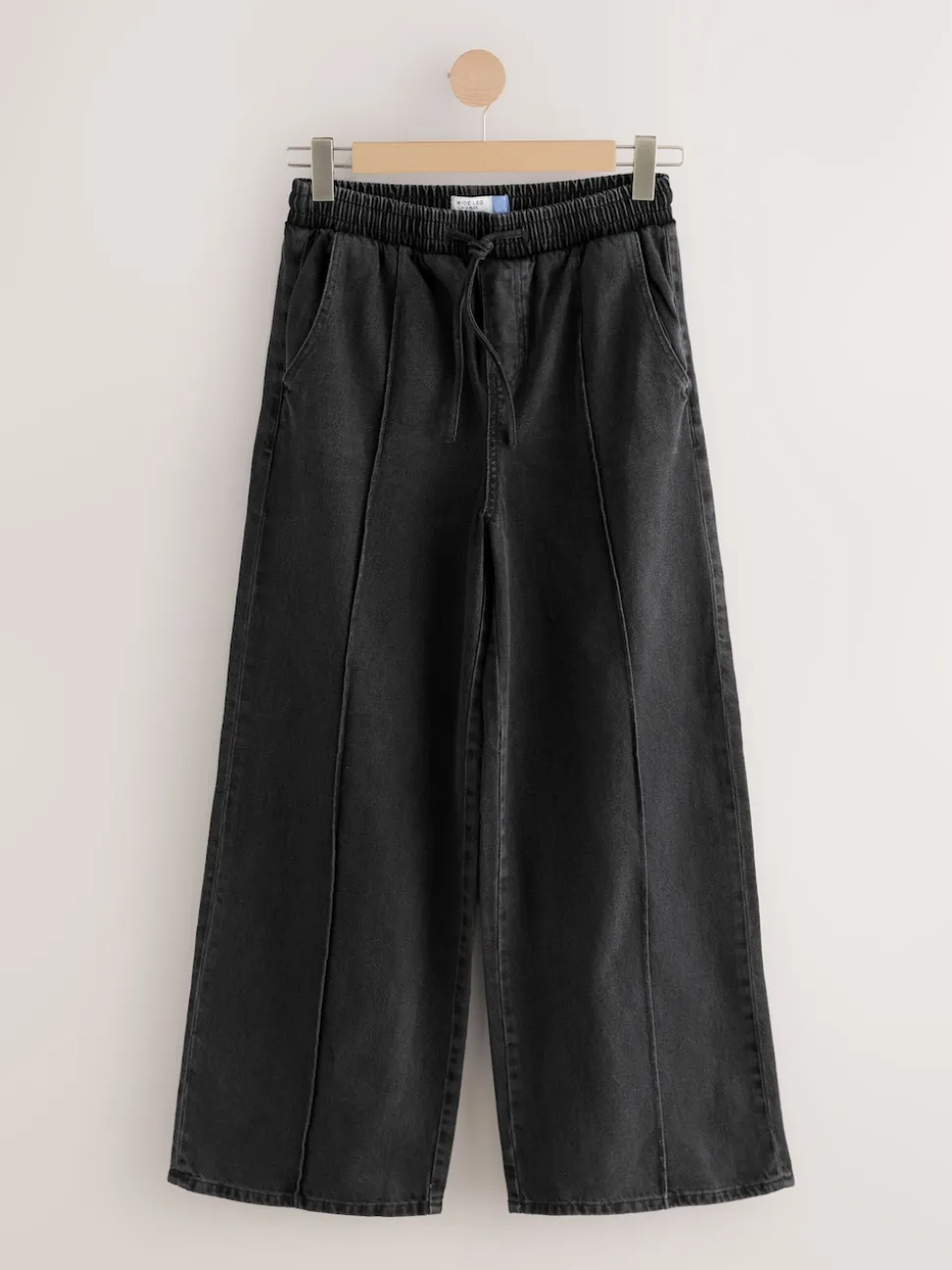 Washed Black Pintuck Wide Leg Denim Joggers