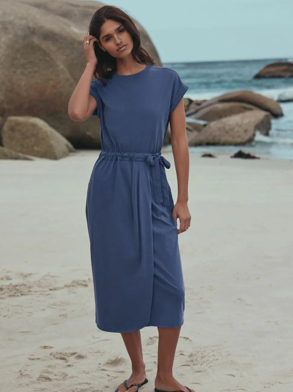 Washed Blue Jersey Sarong Tie T-Shirt Dress
