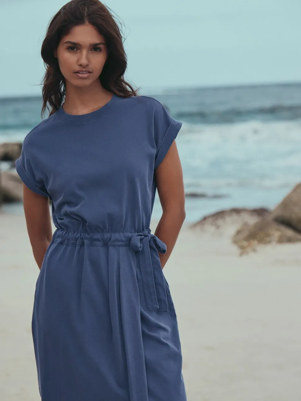 Washed Blue Jersey Sarong Tie T-Shirt Dress