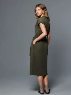 Washed Khaki Green Jersey Sarong Tie T-Shirt Dress