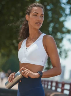 White B-GG Active Sports High Impact Dry Tech Zip Front Bra