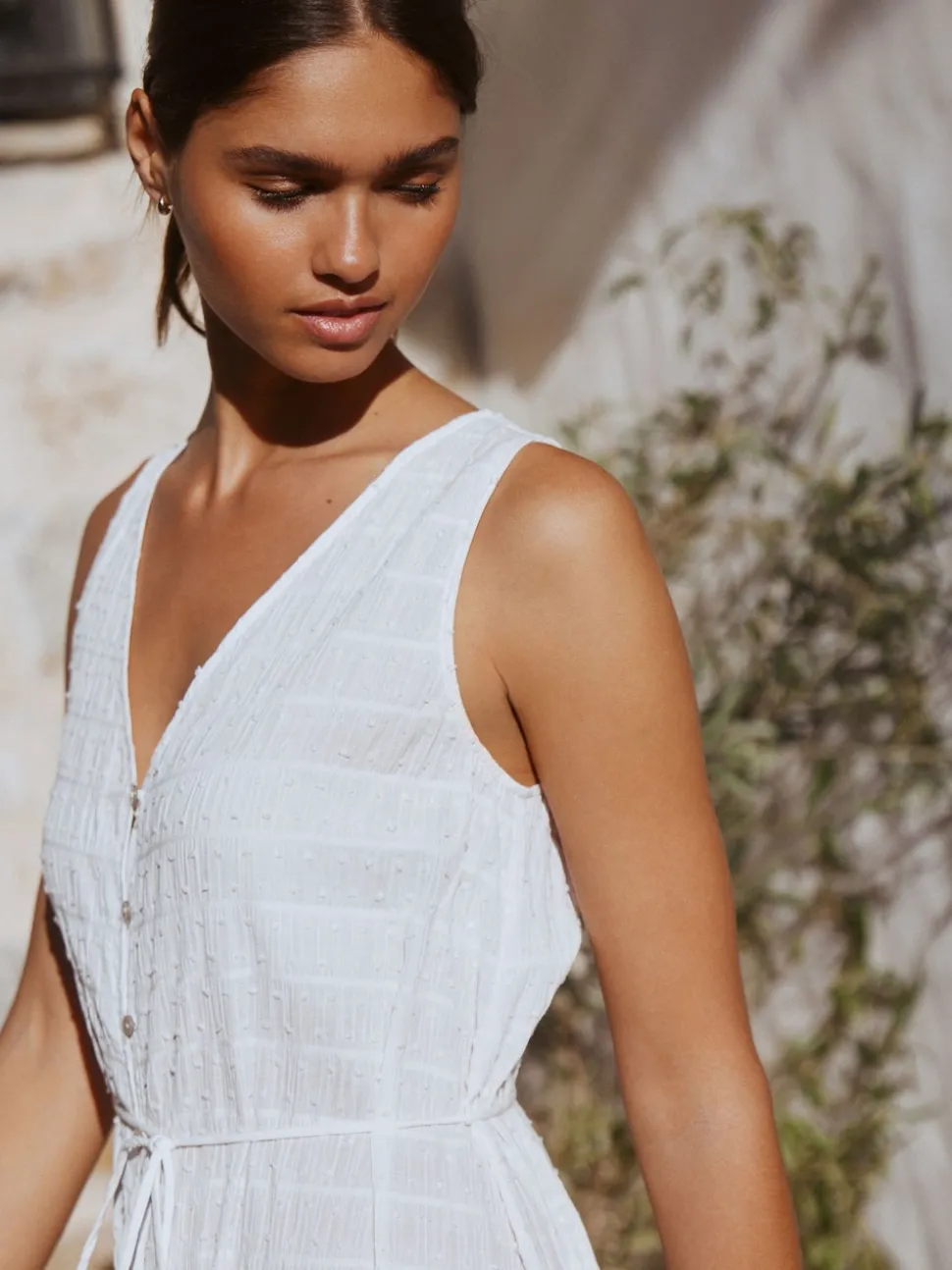 White Button Through Tie Waist Sleeveless Maxi Dress