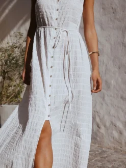 White Button Through Tie Waist Sleeveless Maxi Dress
