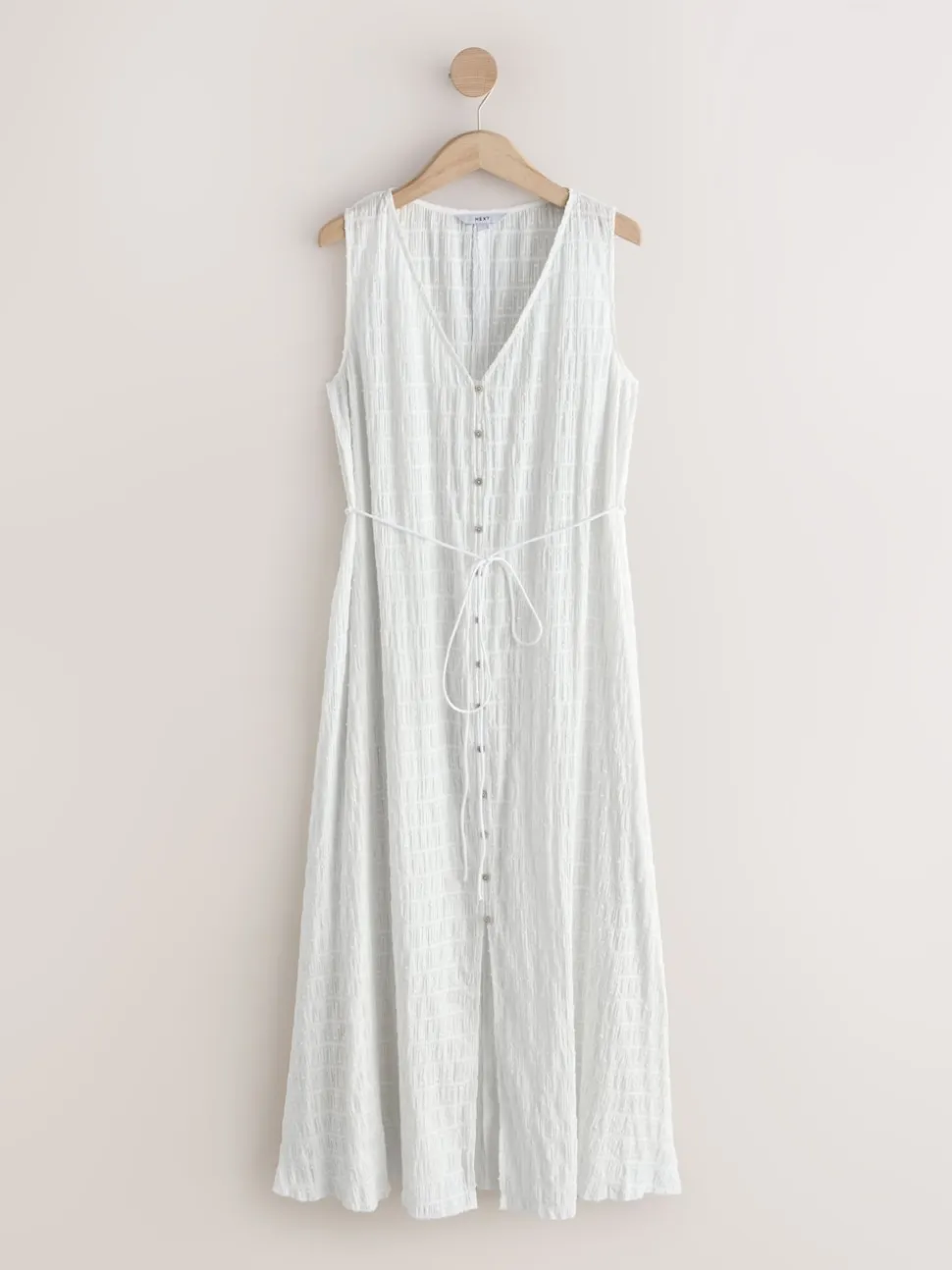White Button Through Tie Waist Sleeveless Maxi Dress