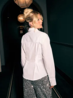 White Cinched Waist Fitted Shirt