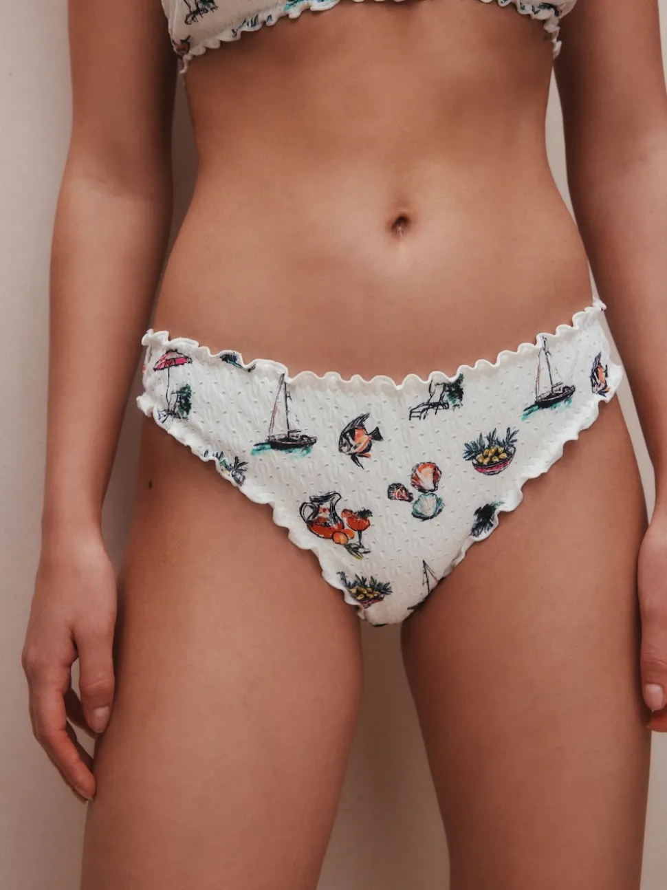 White Conversational Broderie Brazilian High Leg Bikini Bottoms