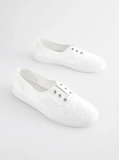 White Embroidered Laceless Canvas Slip On Trainers