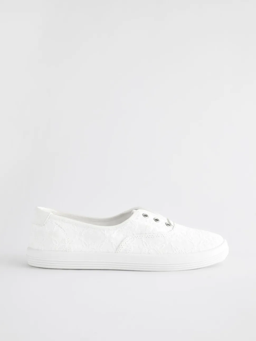 White Embroidered Laceless Canvas Slip On Trainers