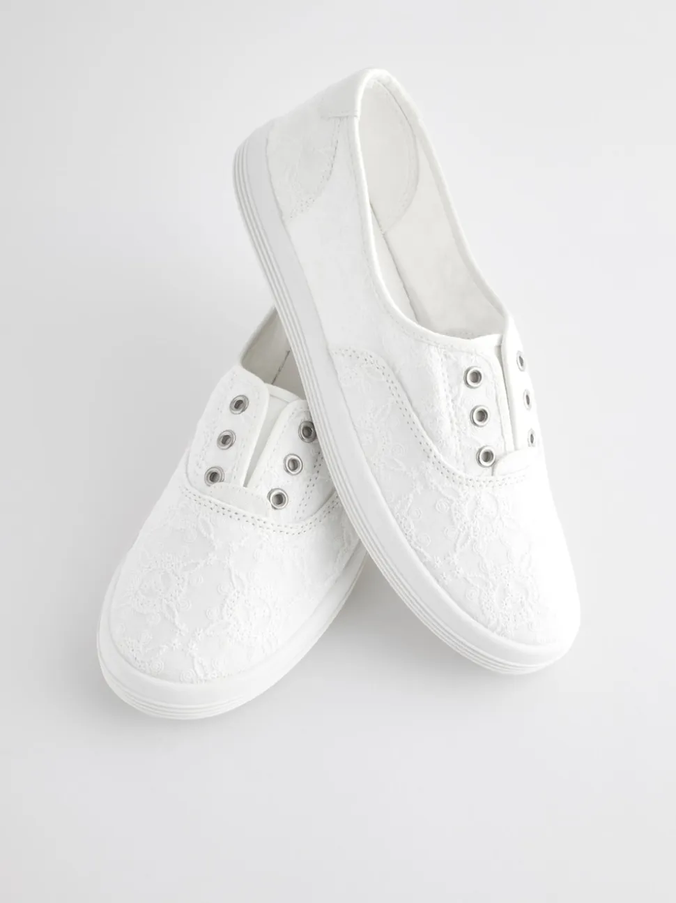 White Embroidered Laceless Canvas Slip On Trainers