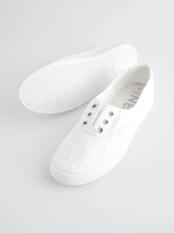 White Embroidered Laceless Canvas Slip On Trainers