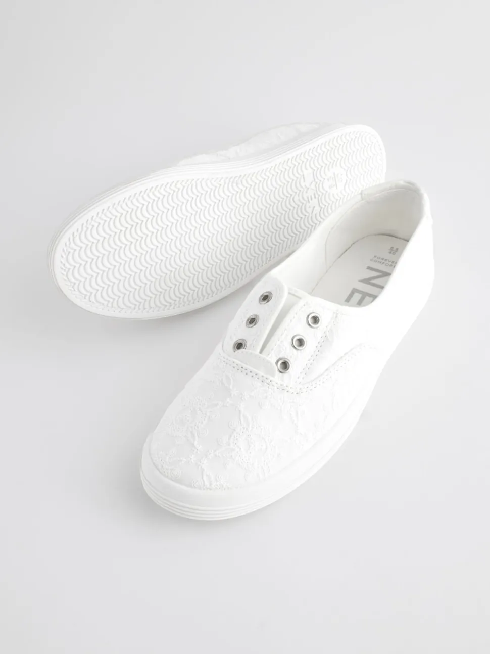 White Embroidered Laceless Canvas Slip On Trainers