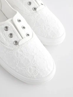 White Embroidered Laceless Canvas Slip On Trainers