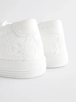 White Embroidered Laceless Canvas Slip On Trainers