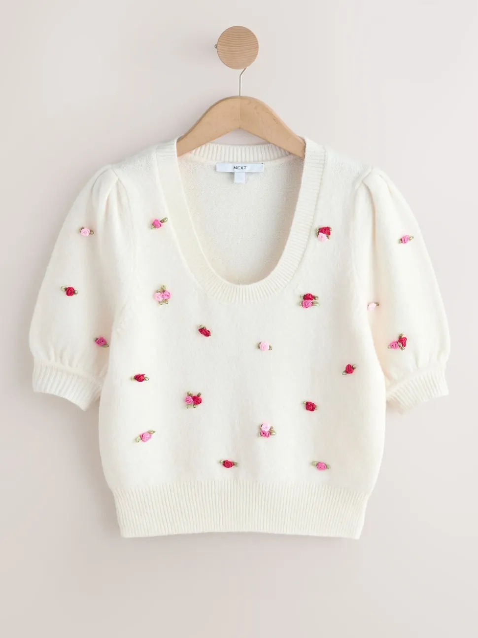 White Floral Detail Puff Sleeve Knitted Top