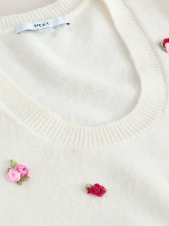 White Floral Detail Puff Sleeve Knitted Top