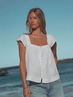White Flutter Sleeve Button Front Top With Linen