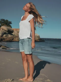 White Flutter Sleeve Button Front Top With Linen