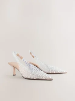 White Forever Comfort® Point Toe Vinyl Jewel Detail Sling Back Heels